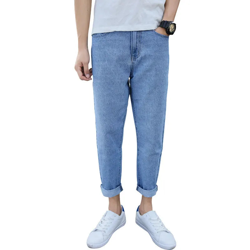 Men's black loose straight-leg harem jeans with light straight opening on cotton fabric