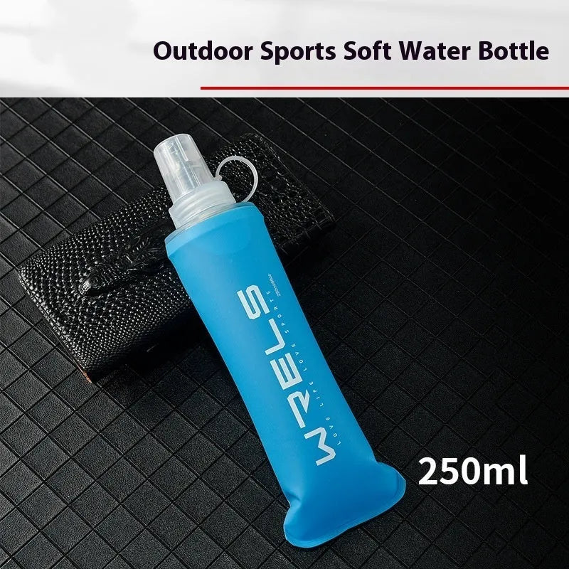 Large capacity sports soft water bottle in TPU silicone, folding kettle in blue, 250ml capacity for outdoor use