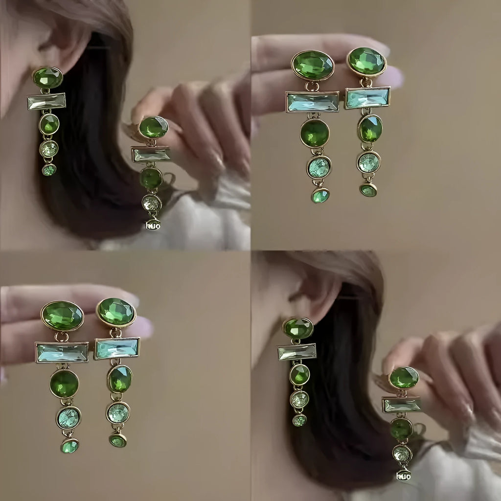 Green gradient geometric Chinese style alloy earrings with zircon studs and tassel pendant