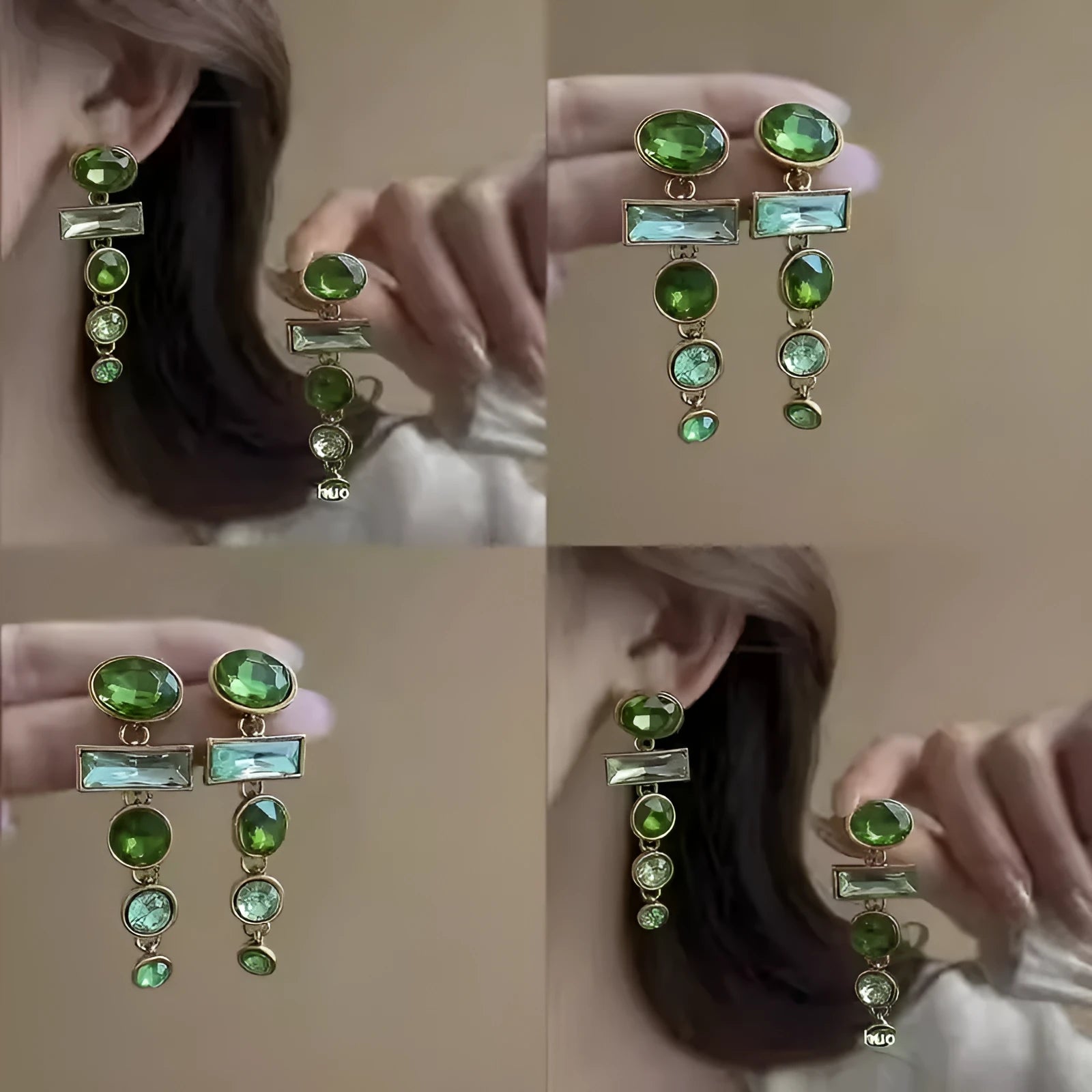 Green gradient geometric Chinese style alloy earrings with zircon studs and tassel pendant