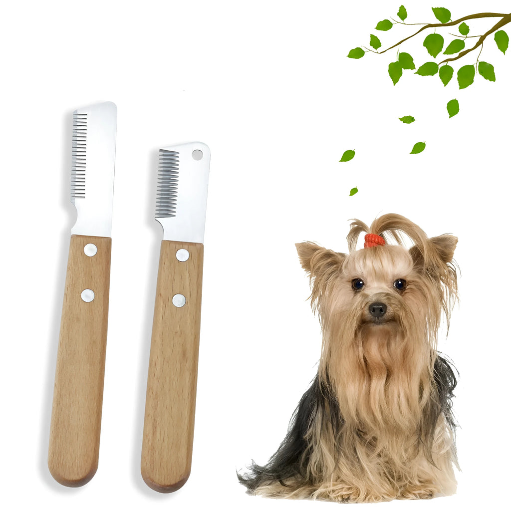Pet stripping comb grooming tool with a wood handle and metal blade for dogs and cats.