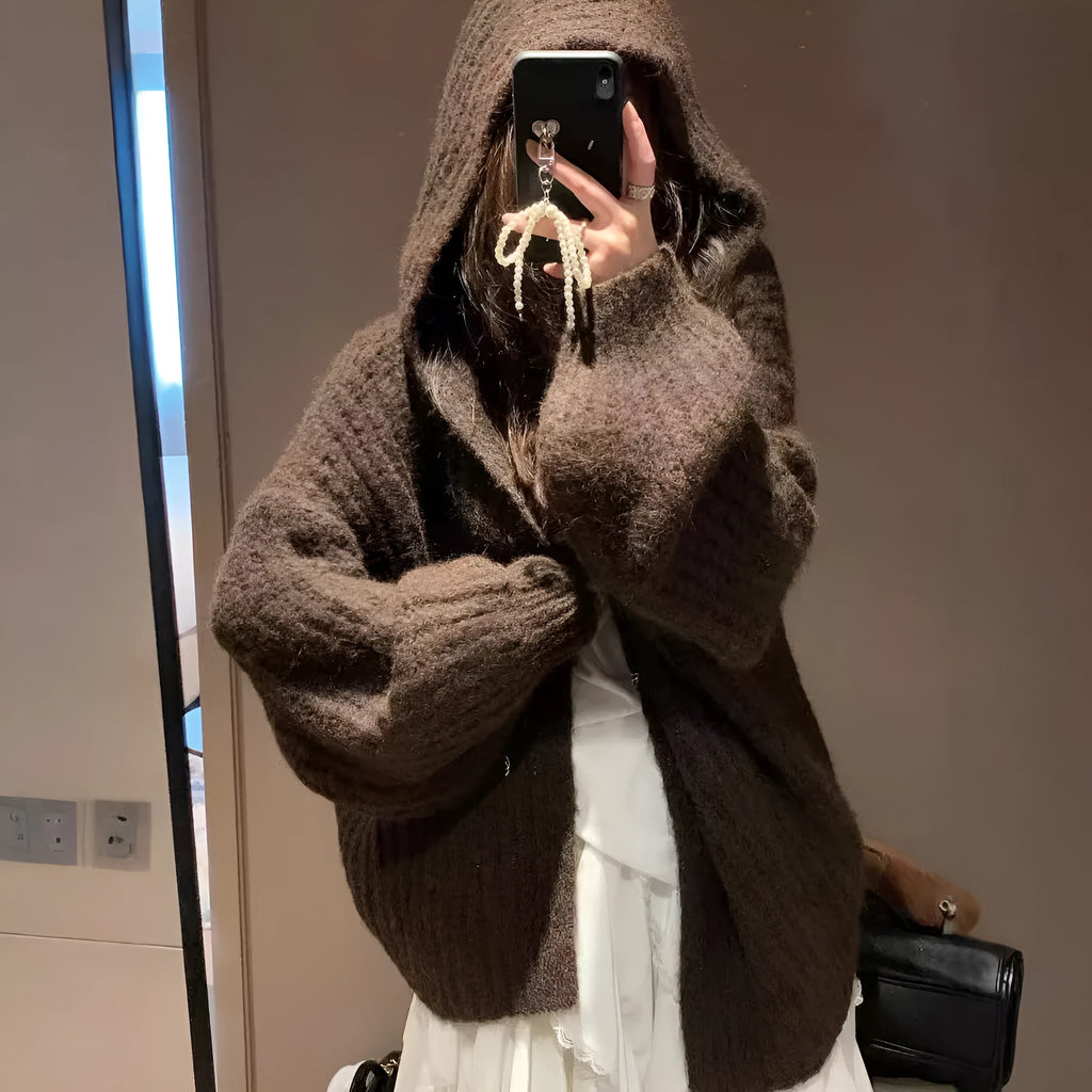 Women's retro style hooded cardigan in thick acrylic fabric, loose fit, shown in dark grey colour