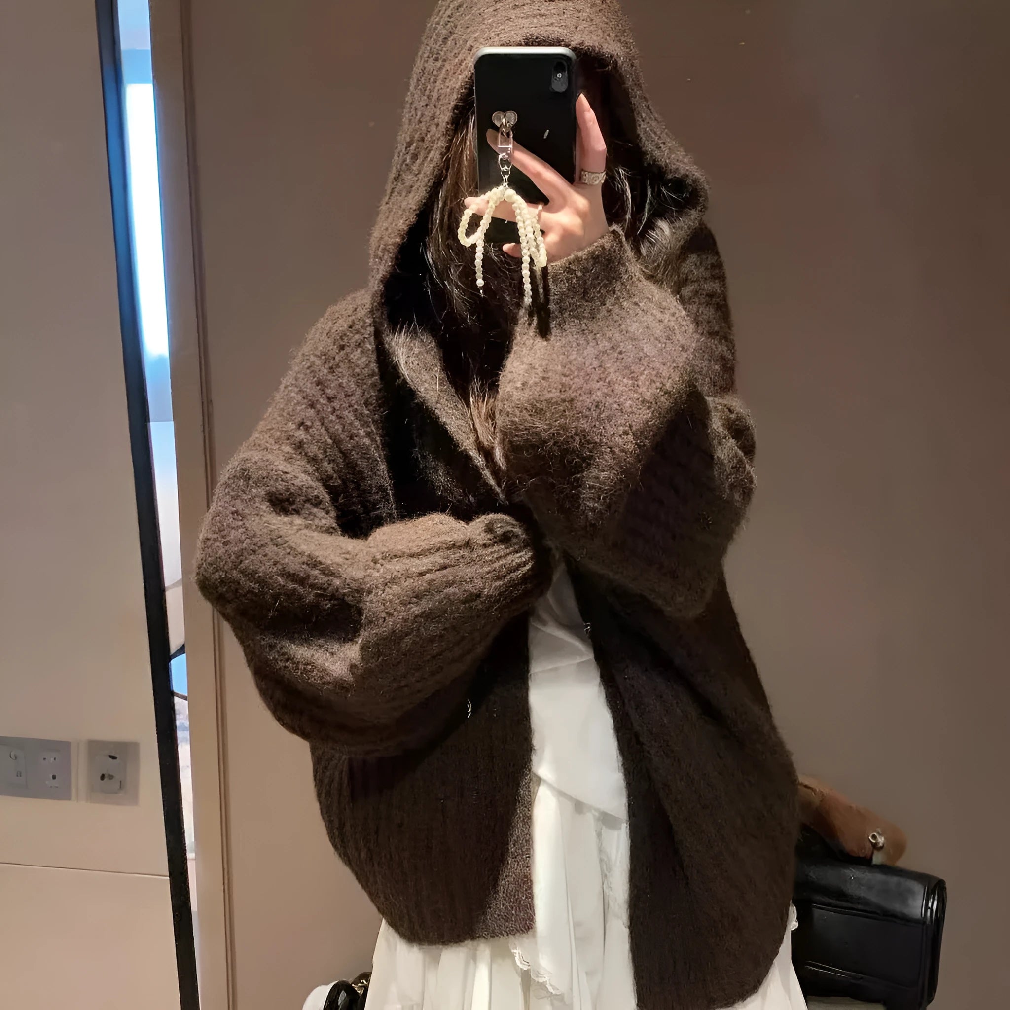 Women's retro style hooded cardigan in thick acrylic fabric, loose fit, shown in dark grey colour