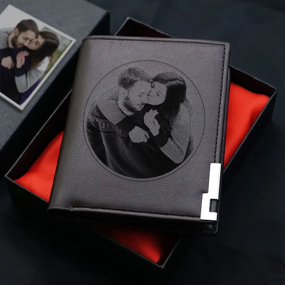 Men's classic leather zip-around wallet, presented as a gift.