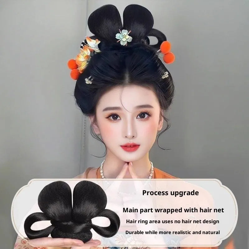 Ancient style lazy one-step hairpin hair bun piece in high temperature silk with pad package options and bow hair clip