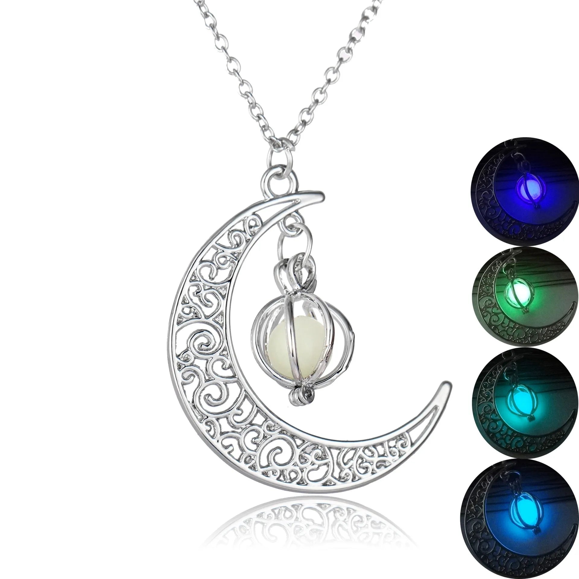 Moon-shaped luminous fluorite pendant necklace with bamboo chain in sky blue colour
