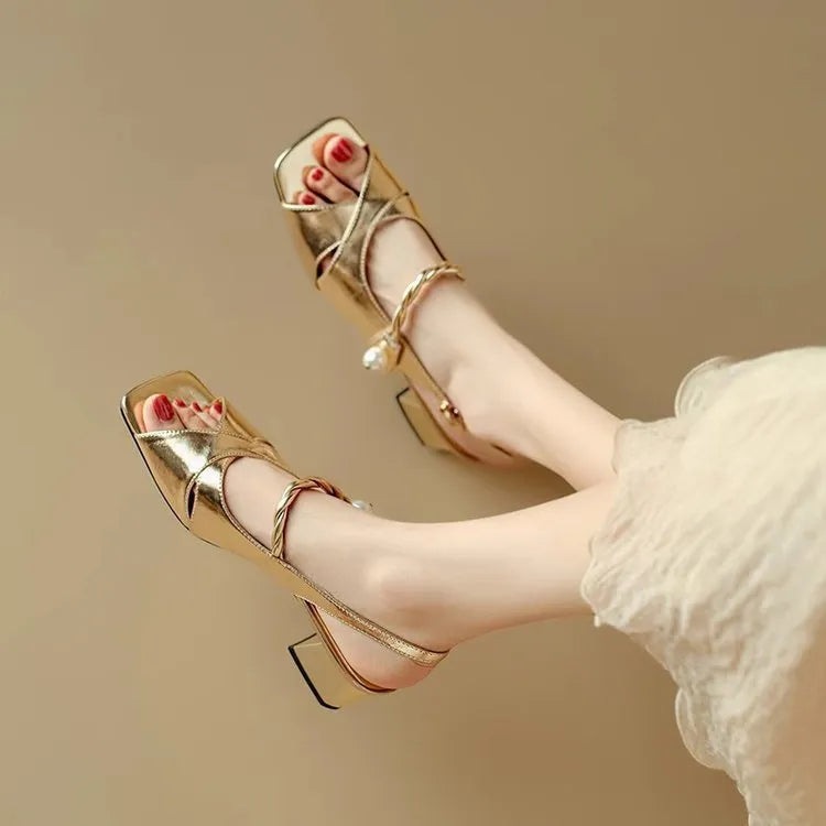 Women's French style open toe high heel sandals with buckle and fish mouth square toe in gold or silver, sizes 34-40