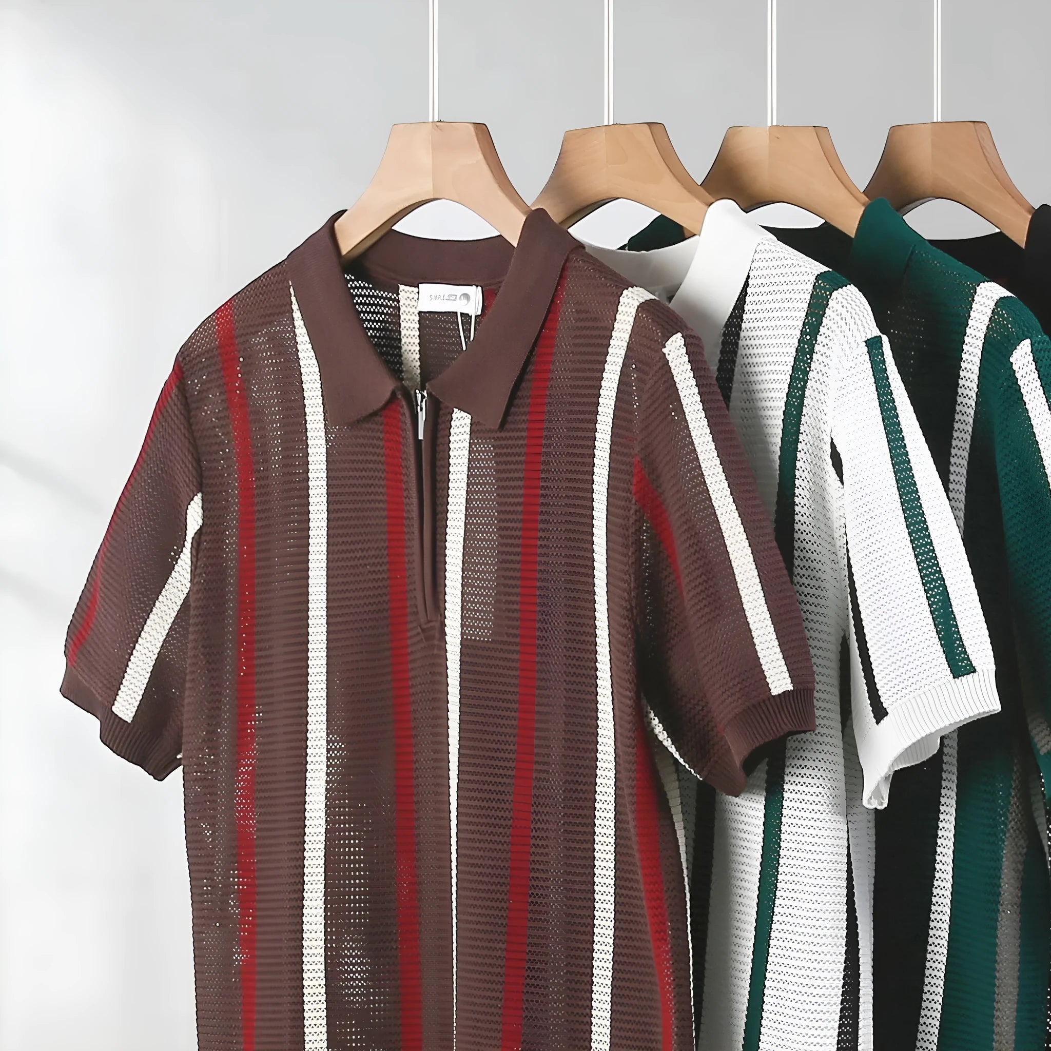 Men's short-sleeved ice silk polo shirt in loose fit with decorative zipper detail.