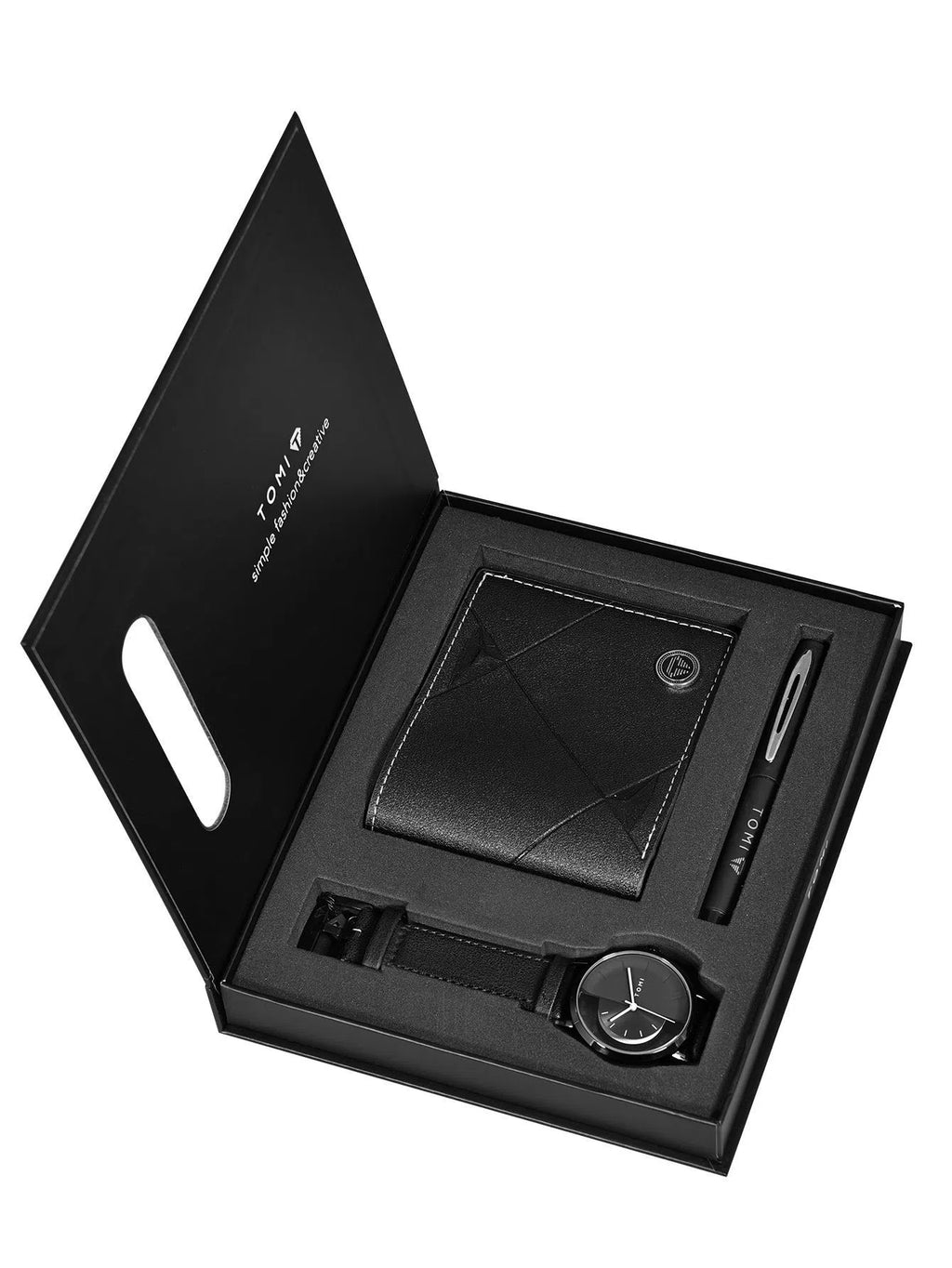 Men's business wallet quartz watch set with signature pen in set box showing black belt option