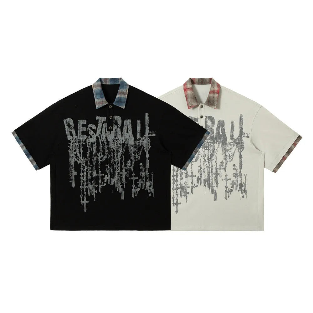 Men's loose fit cotton top with graffiti printing on lapel in asymmetric street style