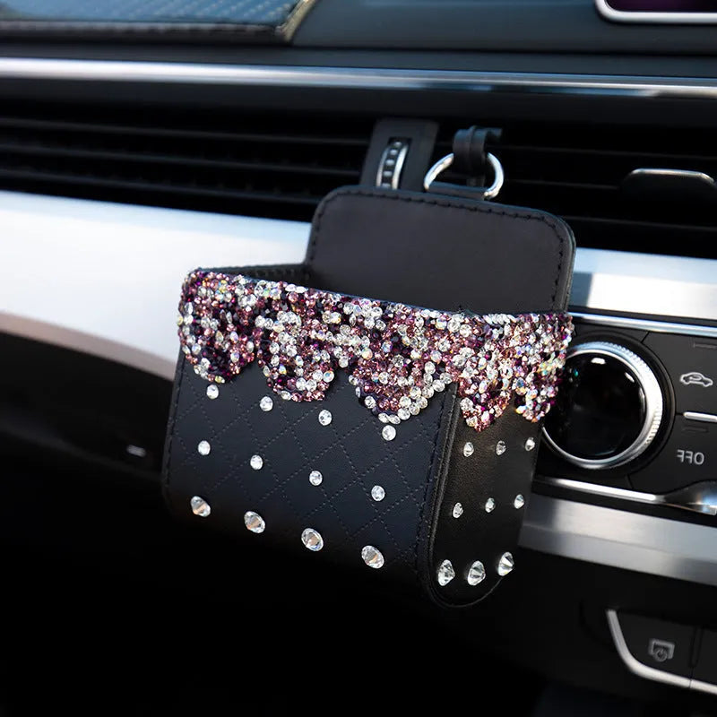 Diamond-studded car decoration ornament made of leather and Czech rhinestones, 110x110mm, with storage bag