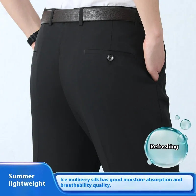 Man's straight-leg high-waisted business trousers in a mulberry silk blend fabric.