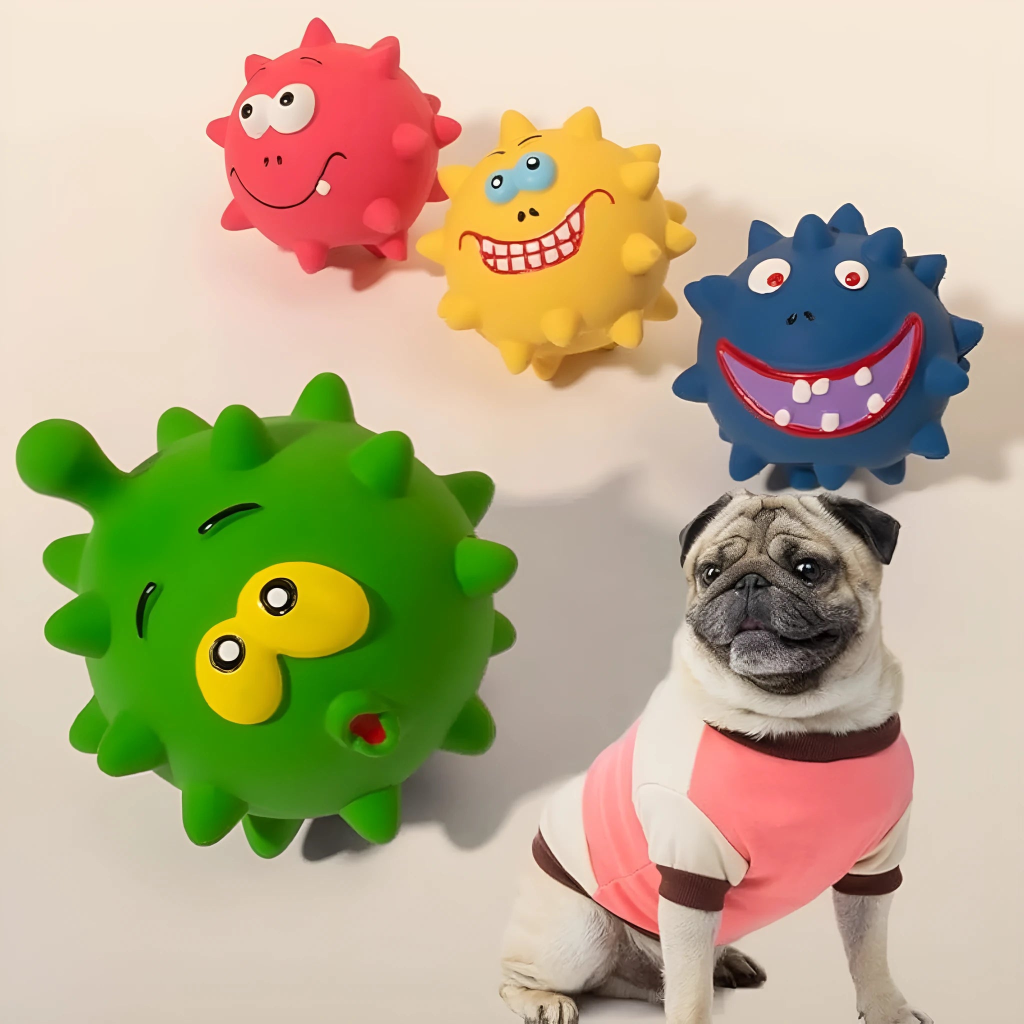 Four natural latex rubber dog squeaky balls with cute faces in blue, green, red and yellow colours