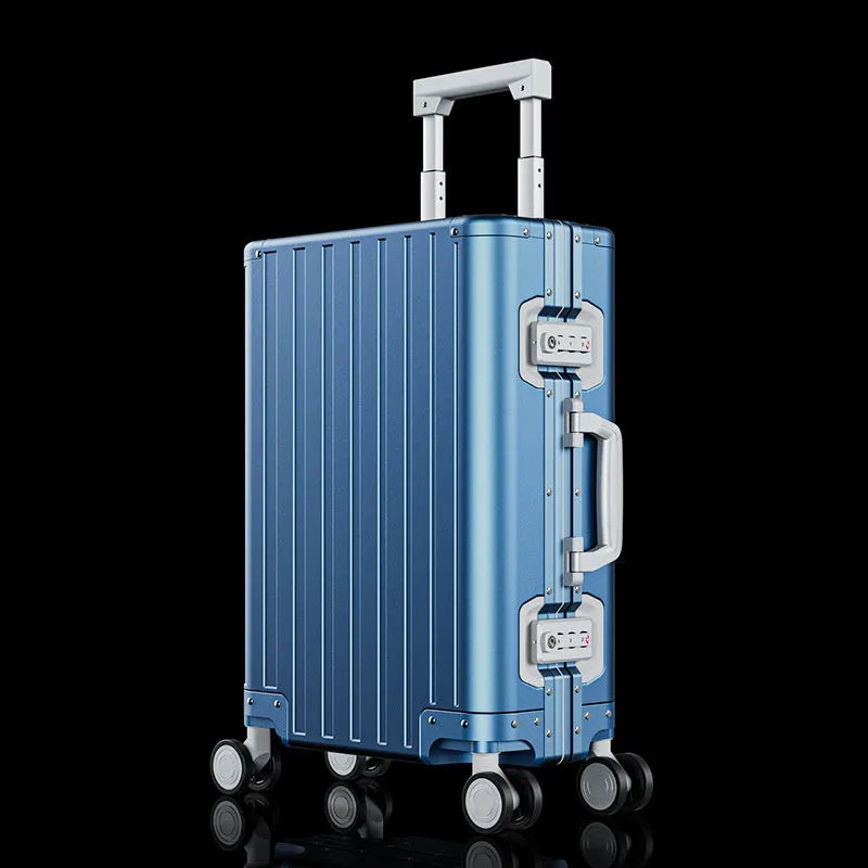 Aluminium magnesium alloy hard-shell travel luggage in a striped design, shown in silver finish.