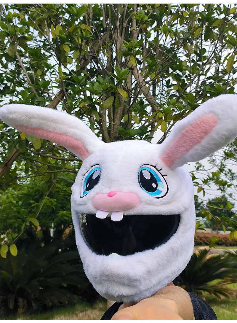 White plush rabbit head cover with long ears designed for an electric motorcycle helmet.