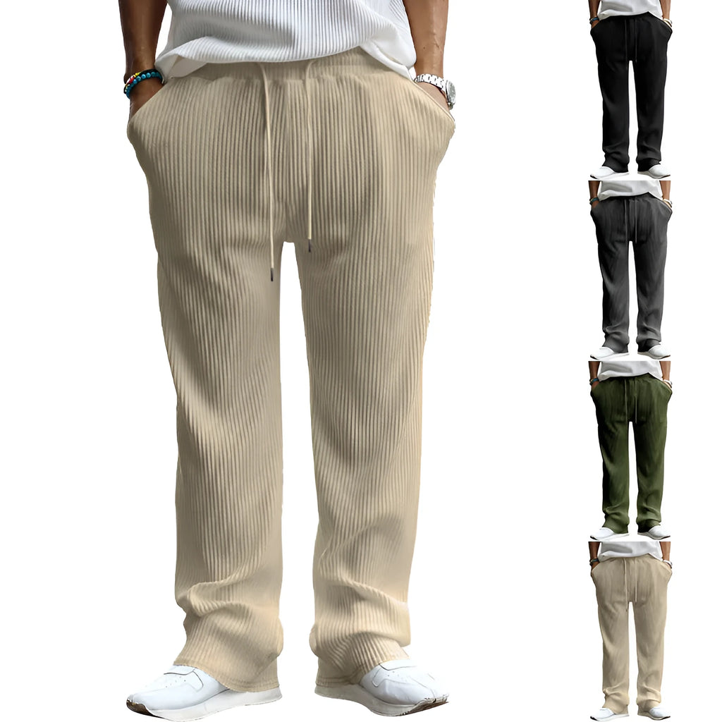 Men's loose fit striped high waist straight leg trousers in polyester fabric