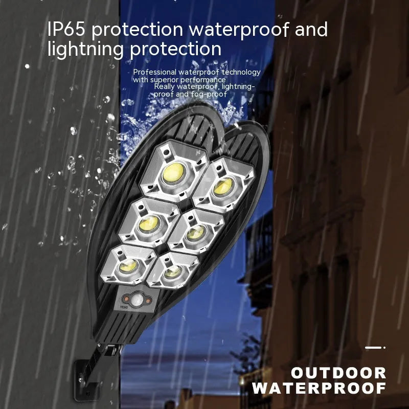 6-eye sword-shaped outdoor solar garden lamp with remote control on a white background.