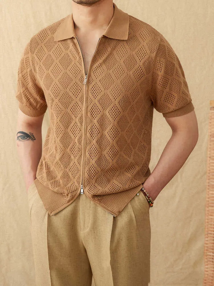 Cotton lapel cardigan top with short sleeves and zip closure in light brown colour