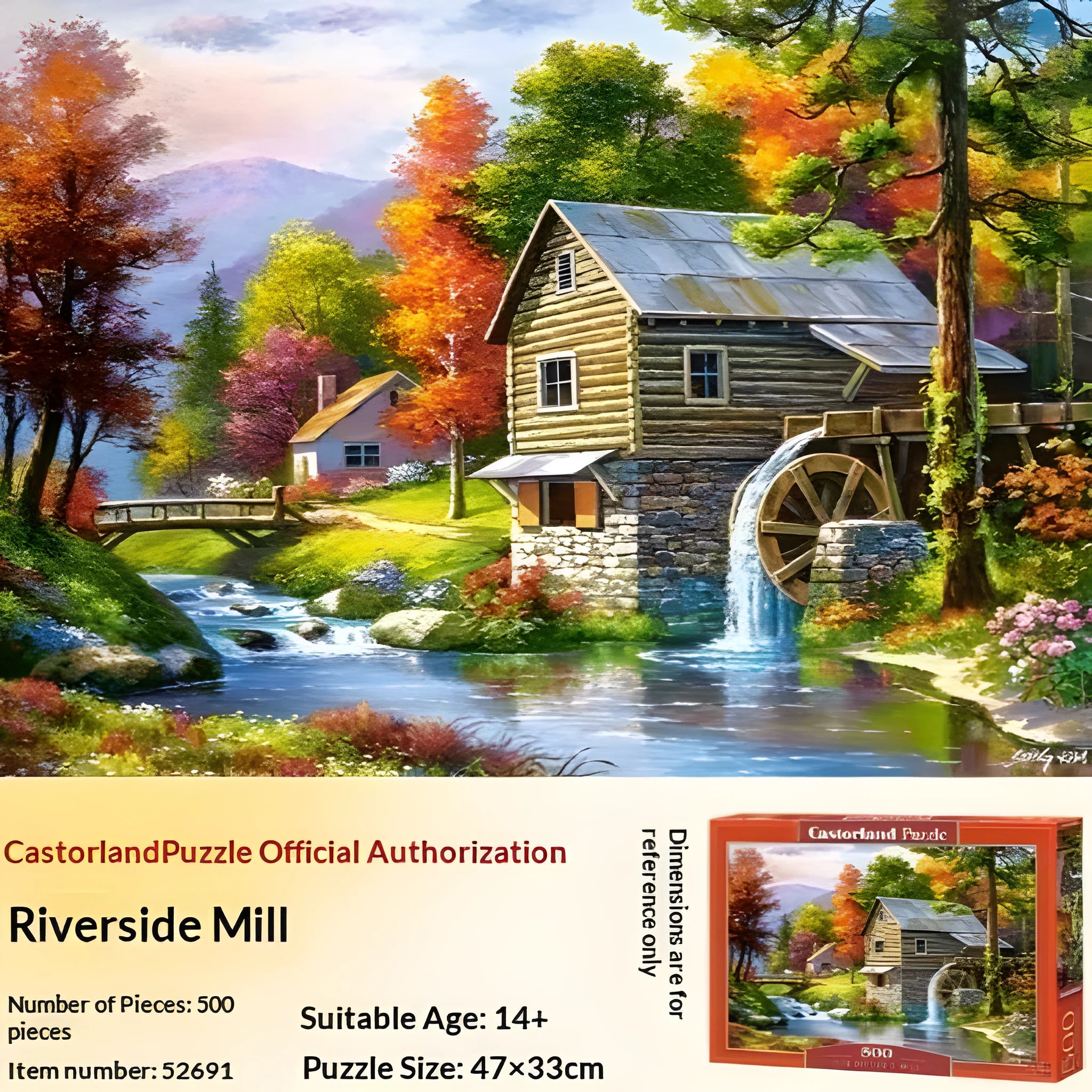 Castorland jigsaw puzzle box with landscape scene of a riverside mill, 500 pieces, made in Europe