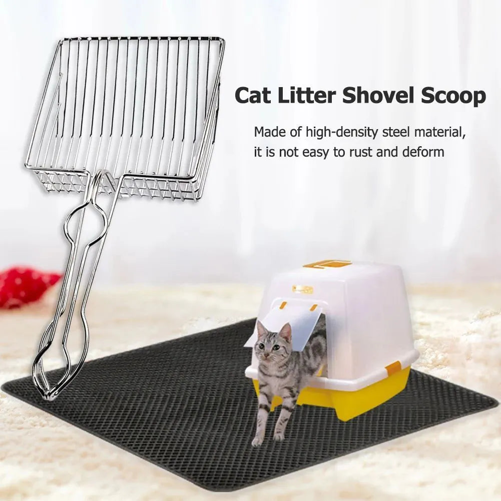 Iron cat litter scoop with electroplating, two size options, small and large, on a neutral background
