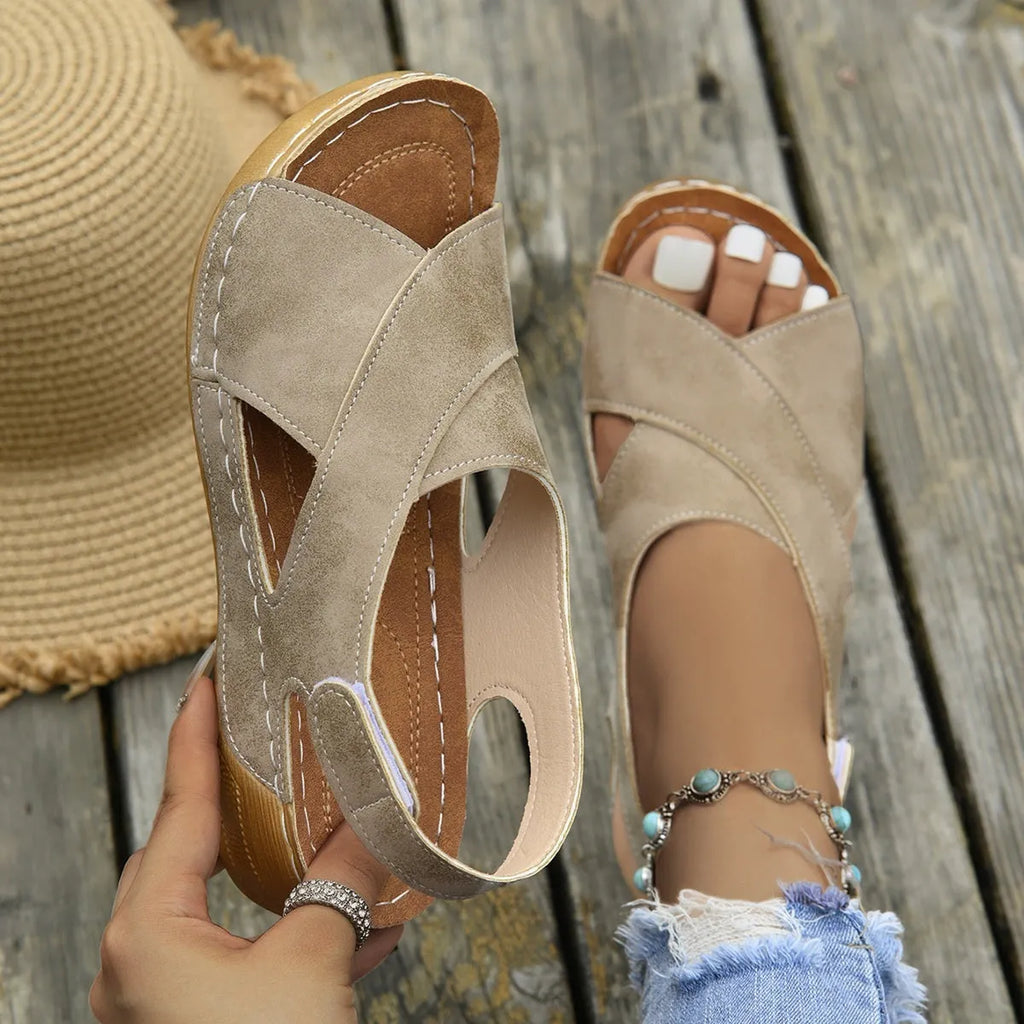 Roman style platform sandals with skirt detail and Velcro strap in khaki colour