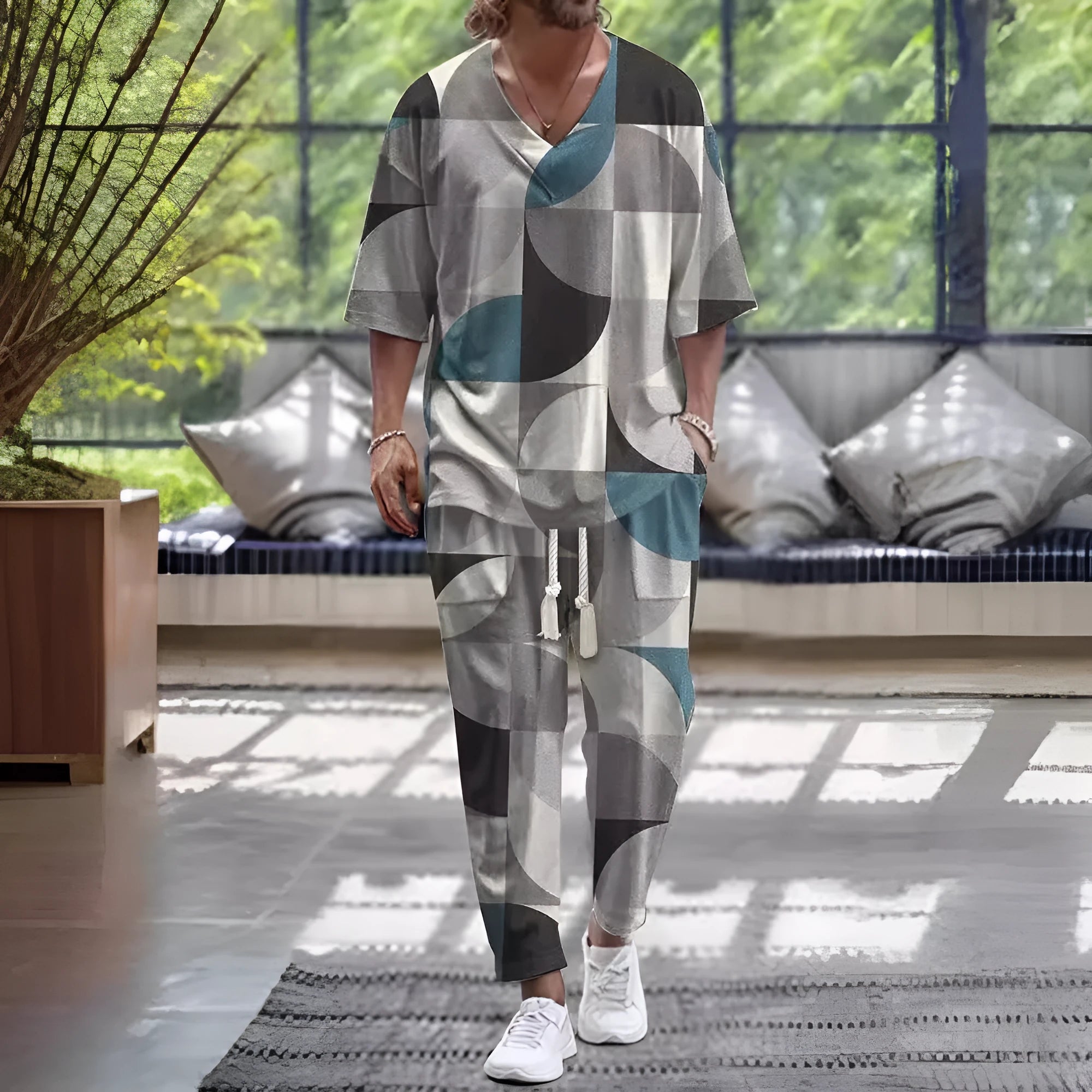 Trousers suit with V-neck jacket and cropped sleeves in thin polyester fabric