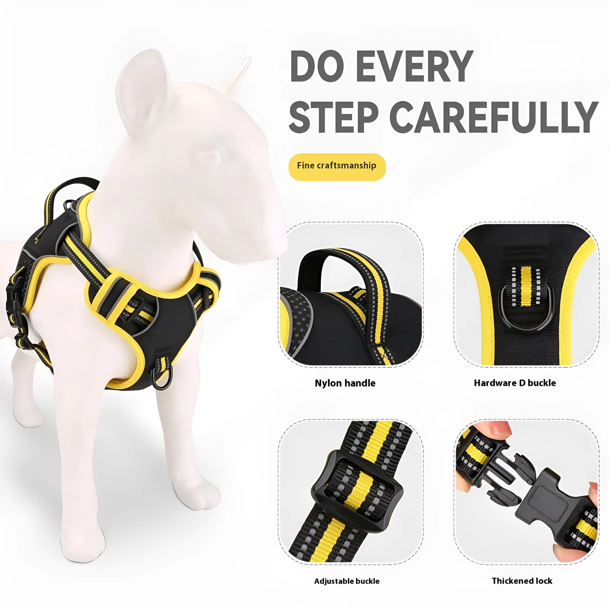 Yellow polyester dog harness and lead set with anti-break loose construction