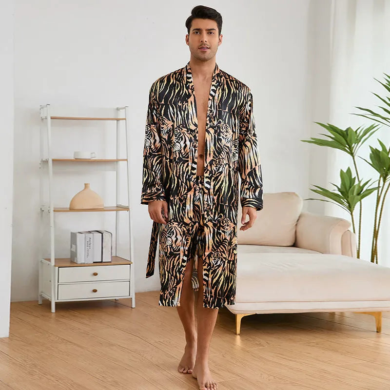 Men's tiger pattern long-sleeve bathrobe and matching shorts set on a hanger