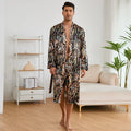 Men's tiger pattern long-sleeve bathrobe and matching shorts set on a hanger