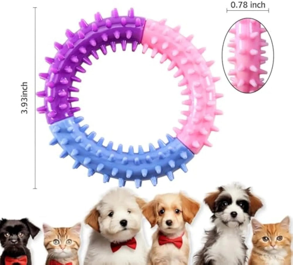 Rubber ring dog chew toy, 10cm, 32g, for puppy teething and interactive training, blue pink purple or red yellow blue