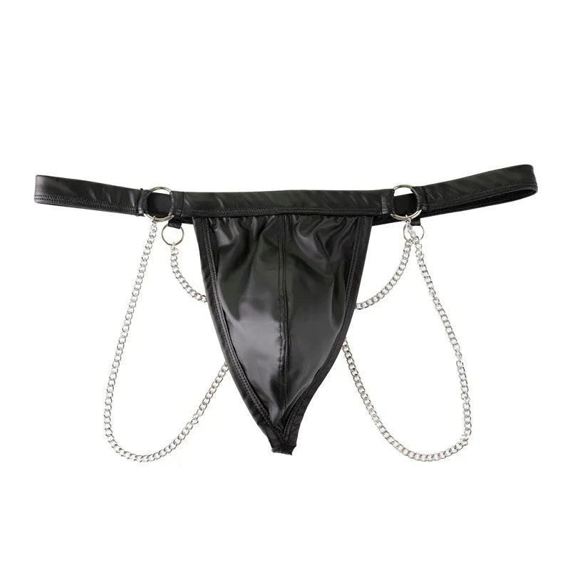 Black patent leather men's thong with a metal chain detail on the back, laid flat.