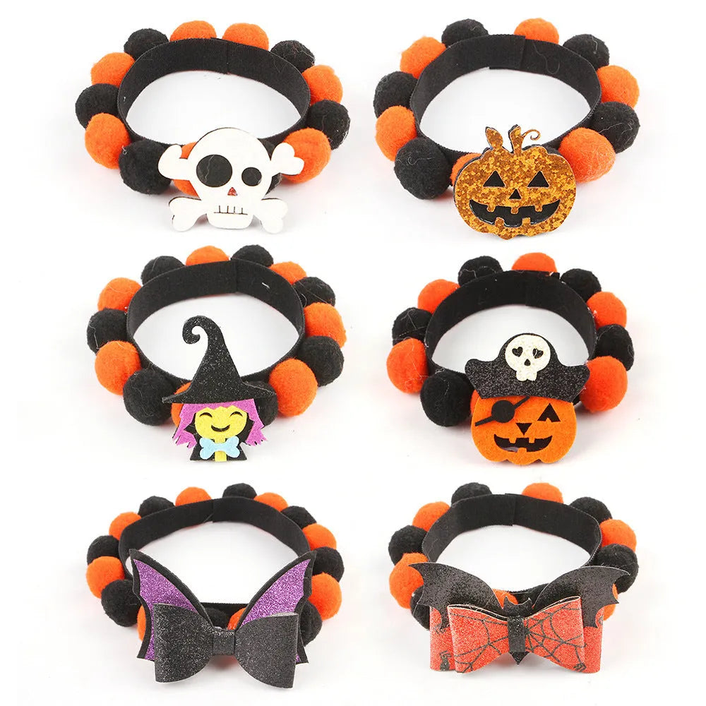 Halloween pet collar with fur ball decoration in orange pumpkin design