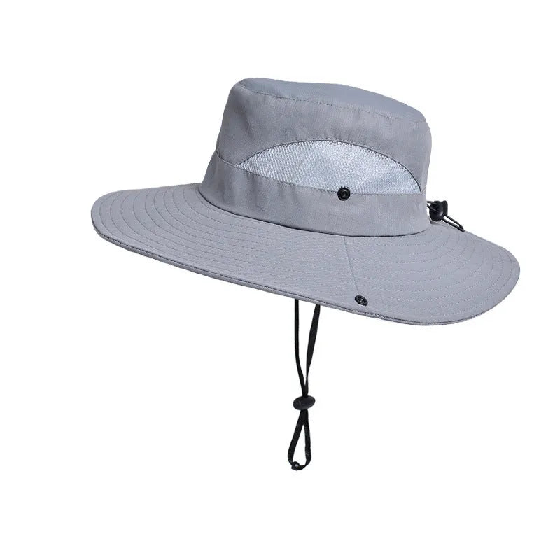 Men's polyester mesh sun protection bucket hat with flat top crown in army green, black, and navy blue
