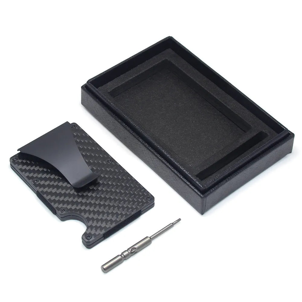 Carbon fibre aluminium wallet card holder with 8mm thickness showing geometry design and multiple colour options