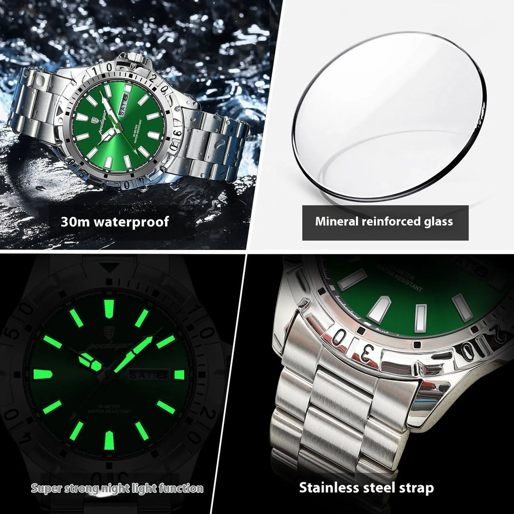Swiss men's waterproof luminous watch with steel bracelet in gold or silver case colours