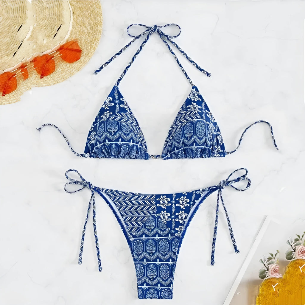 Women's bandage swimsuit with split bikini printing and stitching details in polyester fabric