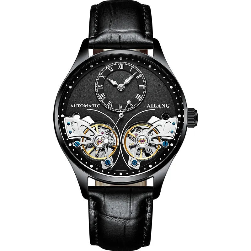 Automatic men's watch with tourbillon and moon phase on a black dial in a titanium case.