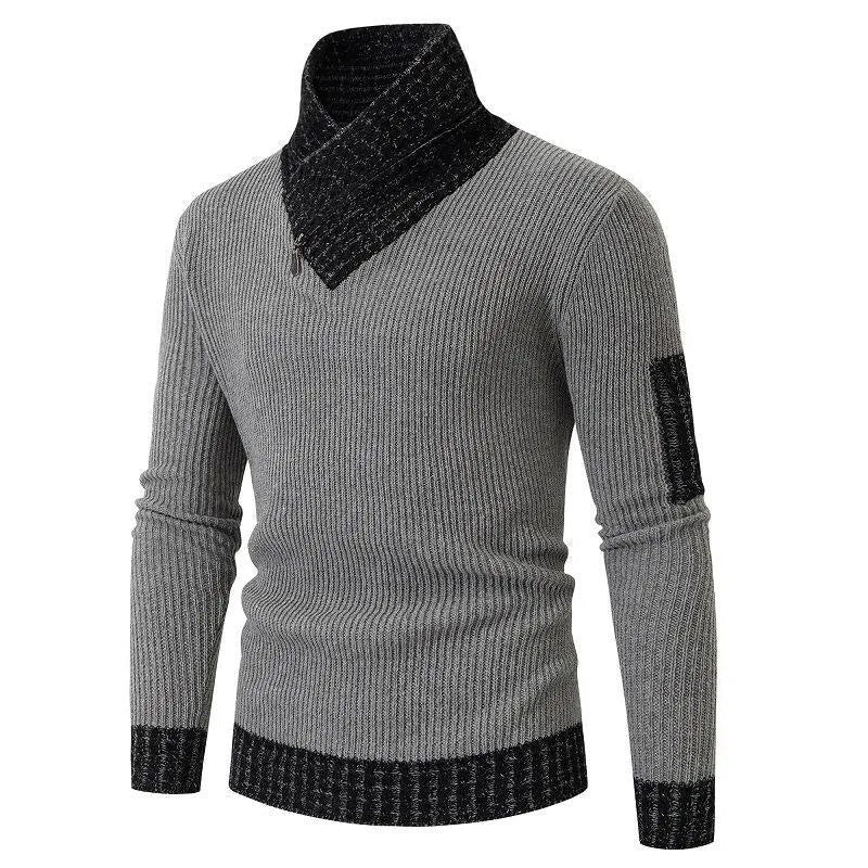 Men's casual slim knit pullover with scarf collar in khaki, ribbed bottom hem, long sleeves