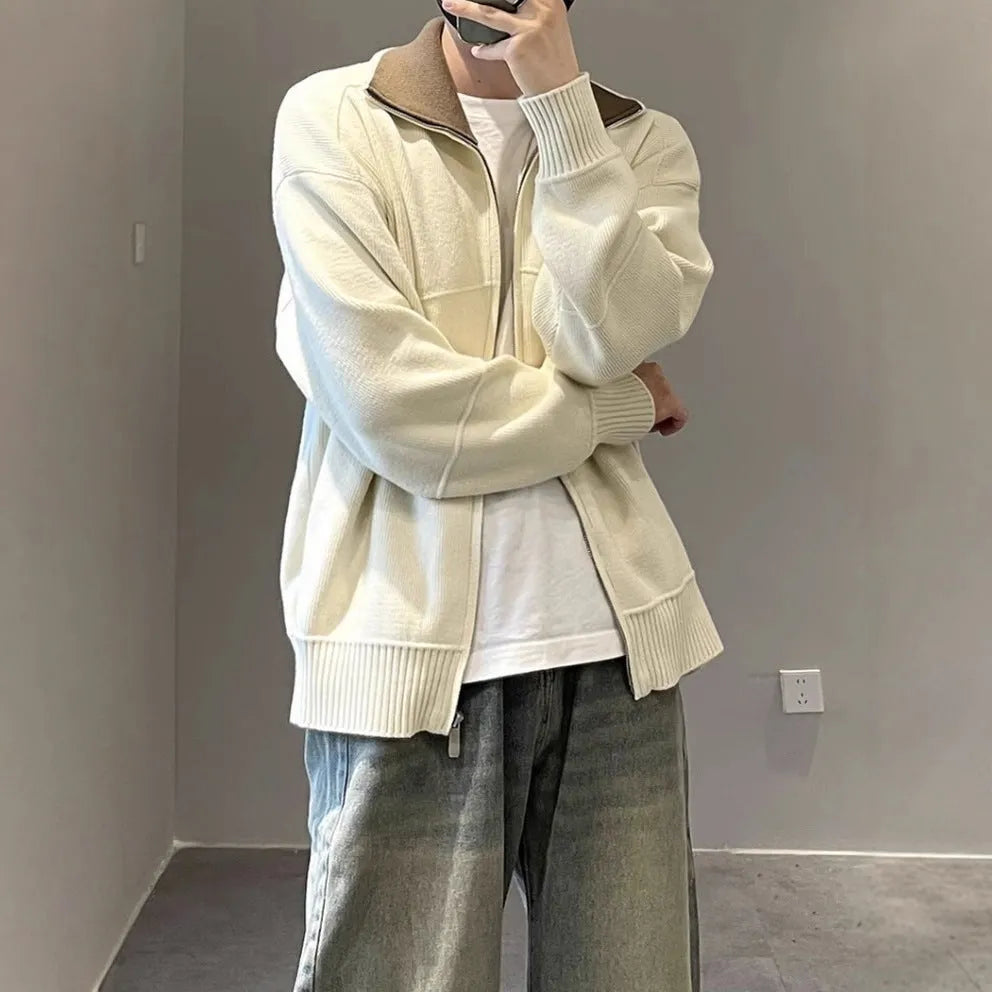 Men's loose fit contrast colour knitted cardigan sweater in apricot, front view, long sleeves, retro style