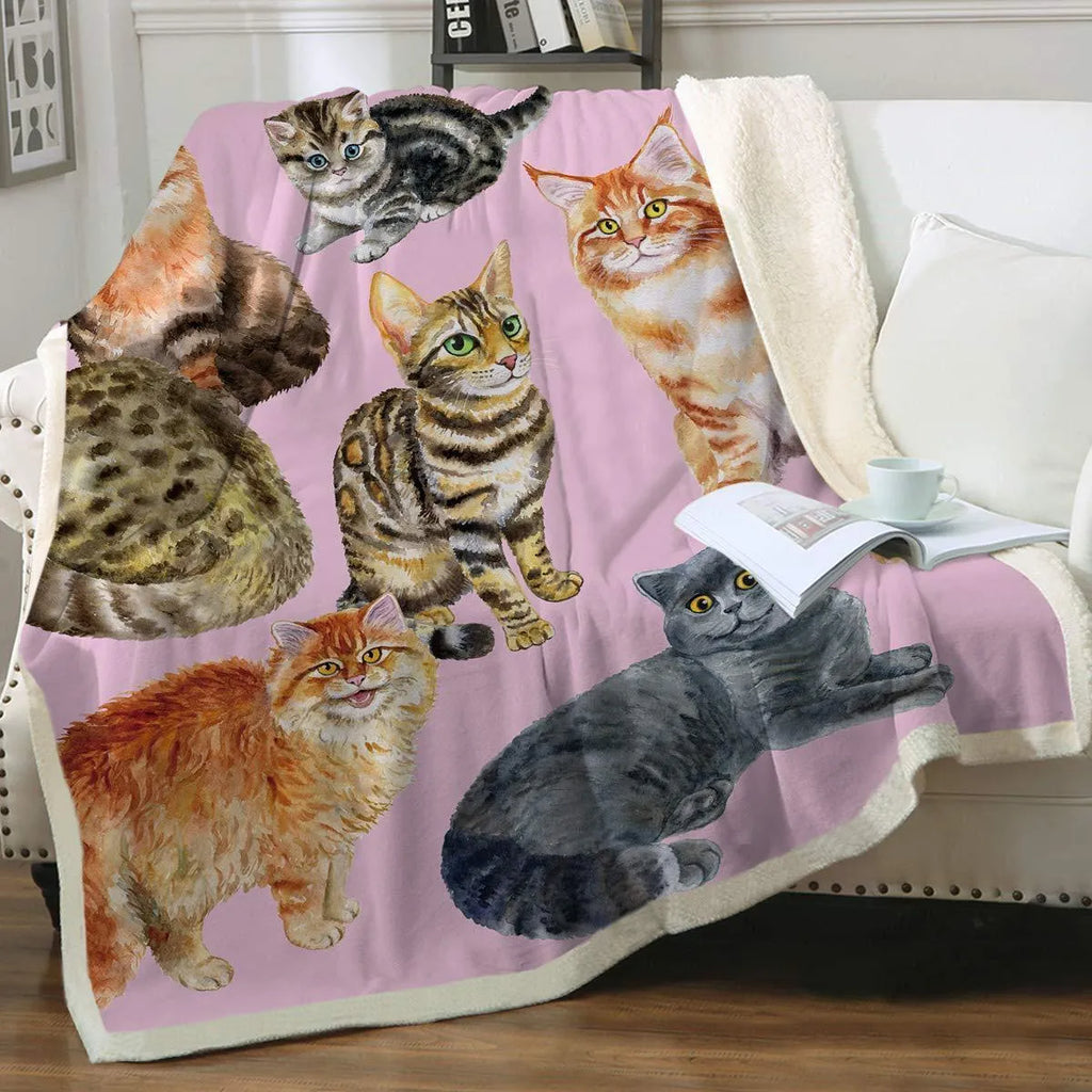 Cat sherpa blanket with animal pattern printing double layer children polyester fibre throw in multiple colours and sizes