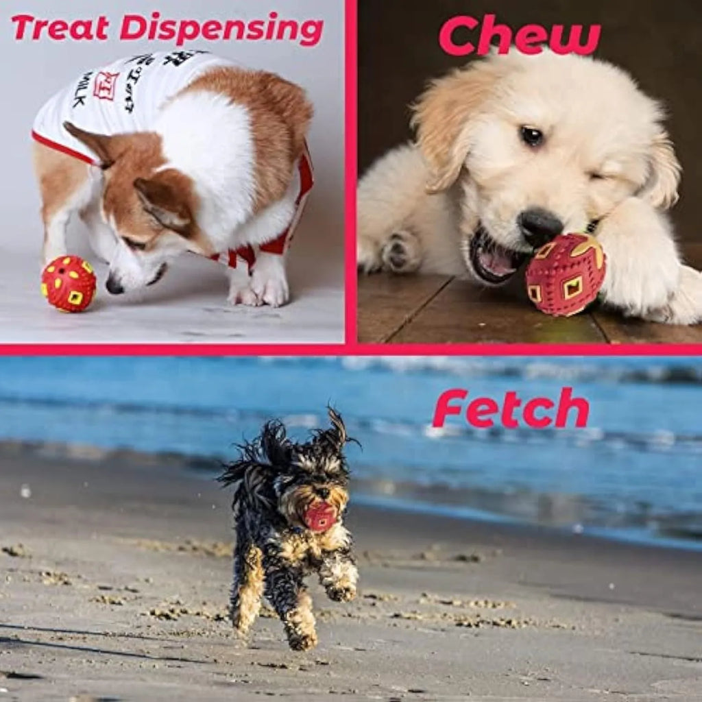 Egg-shaped puppy teething chew toy with hollow treat centre, ragged surface, purple or red, for small dogs.