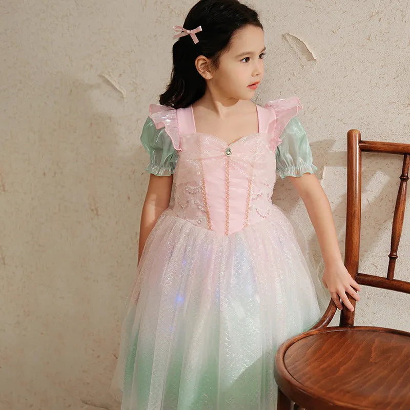 Cotton girls princess dress puff sleeve mermaid solid colour flower print suitable height 100cm