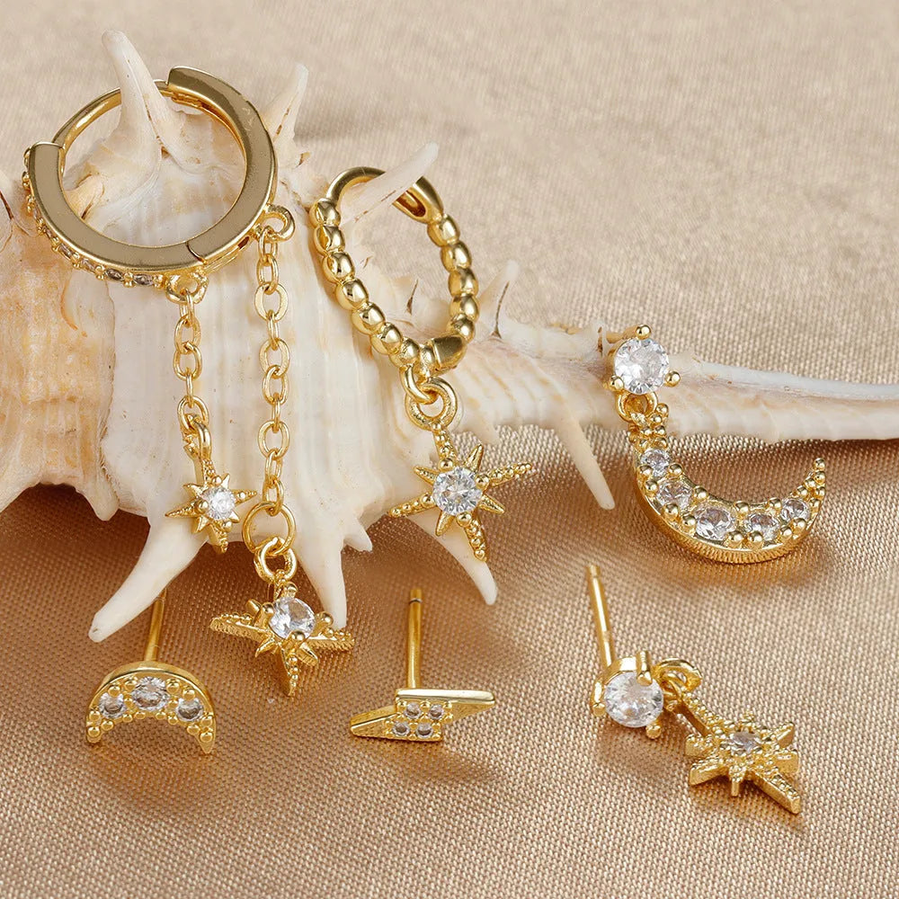 XINGX six gold chain tassel earrings with zircon studs on copper with electroplated finish