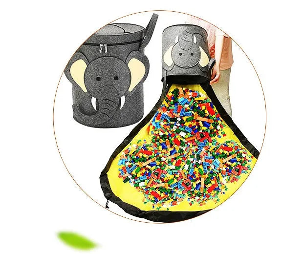 Green felt storage cube with pull rope converts to flat play mat for toy organisation