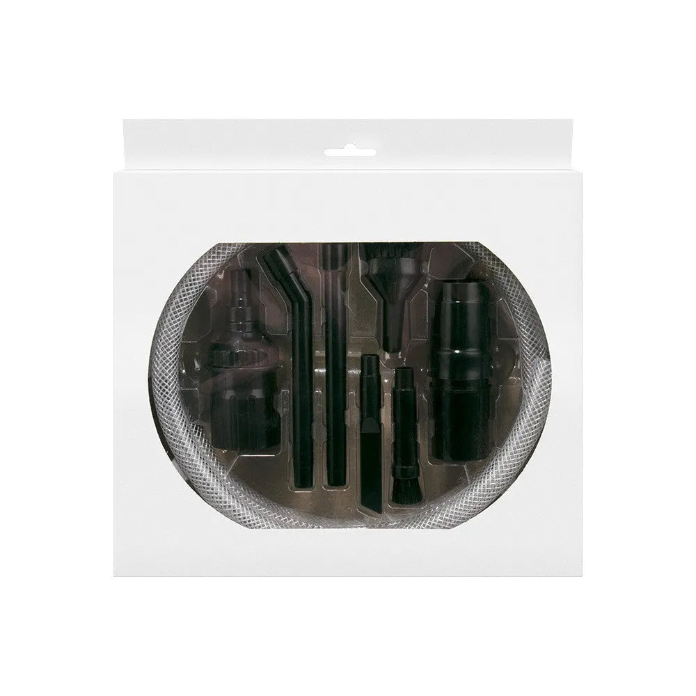 Eight-piece vacuum cleaner accessory set with multiple nozzle heads for small space cleaning.