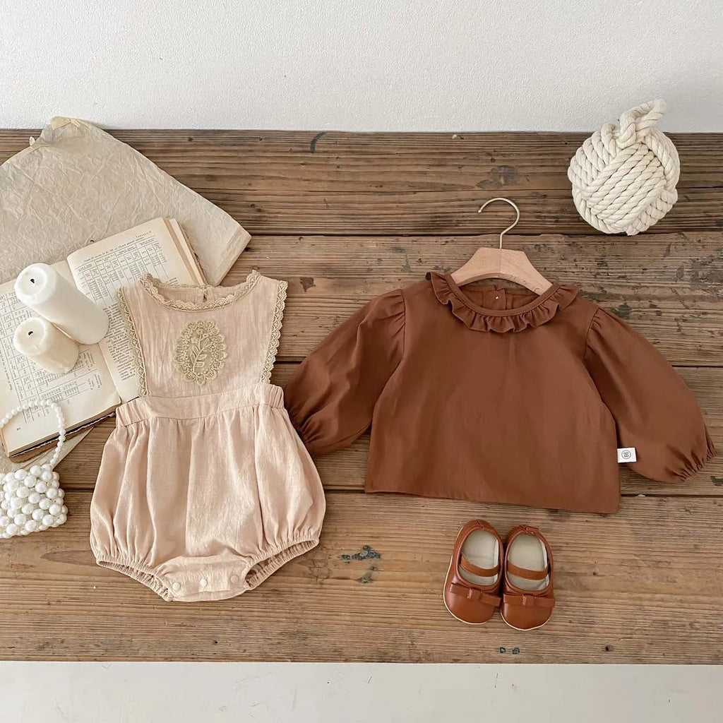 Korean style baby autumn set with brown long sleeve shirt and apricot sleeveless suspender romper, sizes 66cm to 90cm