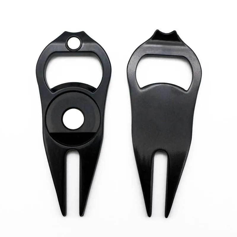 Zinc alloy golf ball fork and bottle opener tool in black, green or silver colour options