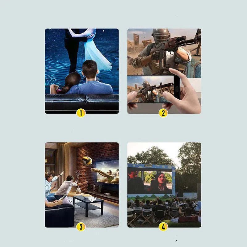 YG400 black HD LED home projector on a table with a large projected movie scene