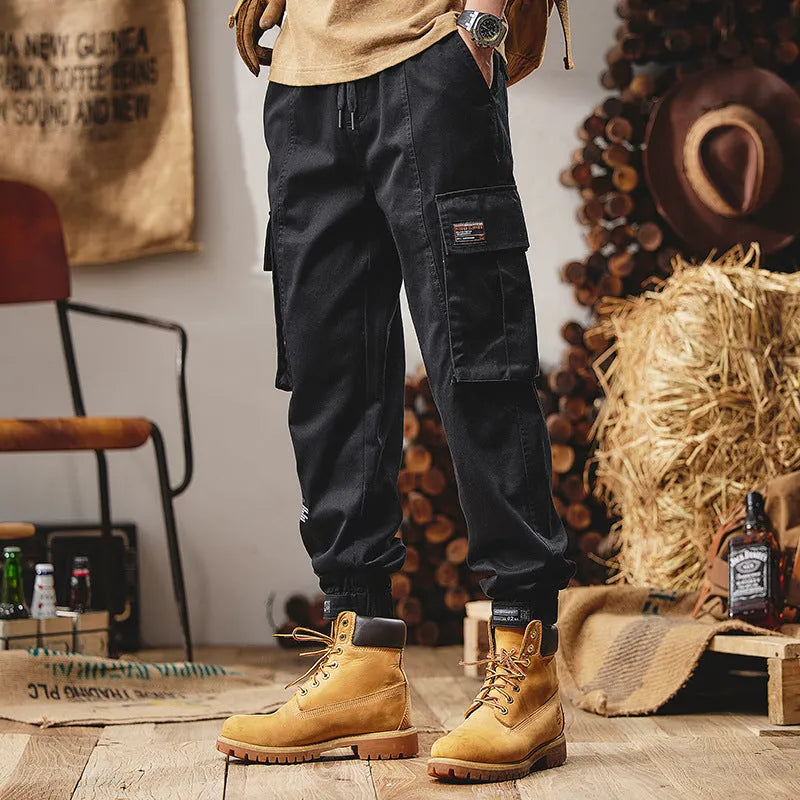 Men's loose straight cargo trousers in black, army green or khaki, 100% polyester, sizes M to 5XL, mid waist plain overalls.