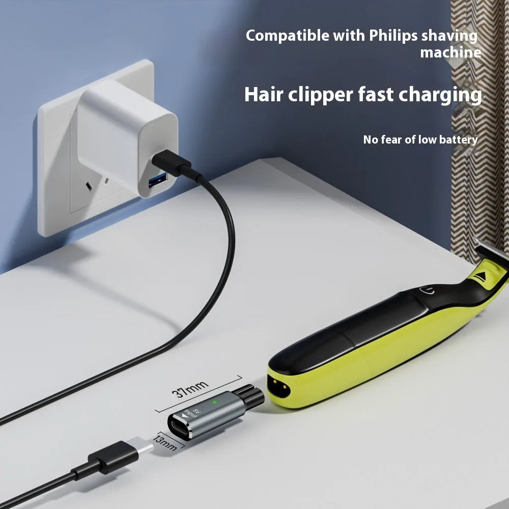 Black USB C charging adapter for electric shavers with 4.3V 8W output.